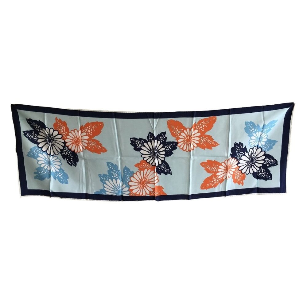 Long Floral Scarf Blue Orange White Print Vintage Accessory